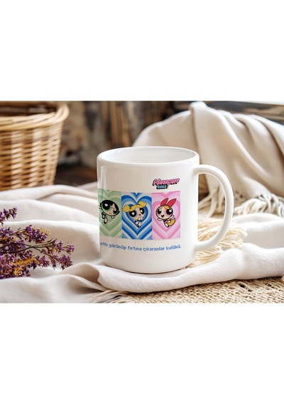 Powerpuff Girls Tatlı Görünüp Fırtına Çıkaranlar Kulübü Yazılı Kupa Bardak - Renkli Kız Arkadaş Grup Beyaz