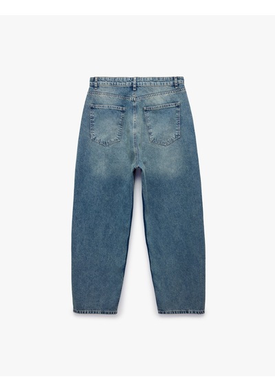 Koton Pamuklu Cepli Oversize Normal Bel Bol Skater Jean Pantolon Orta İndigo 6sam40369nd