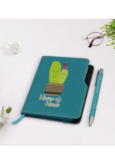 Kişiye Özel Kaktüs Tasarımlı Turkuaz Termo Deri Defter Kalem Seti N11.2142