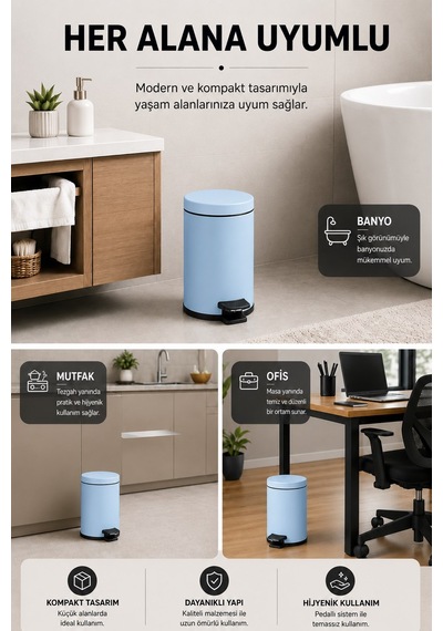 Sas Haus Pedallı Çöp Kovası 3 Litre İç Kovalı Kapaklı Tuvalet Fırçalı Banyo Seti Krom - Titan 7103 Mavi
