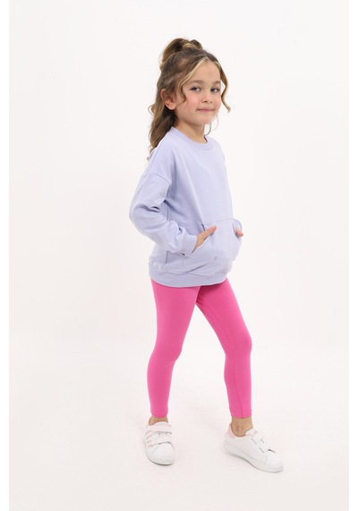 Toontoy Kids Toontoy Kız Çocuk 2'li Takım Baskılı Bisiklet Yaka Düşük Omuz Sweatshirt & Basic Düz Tayt Açık Lila