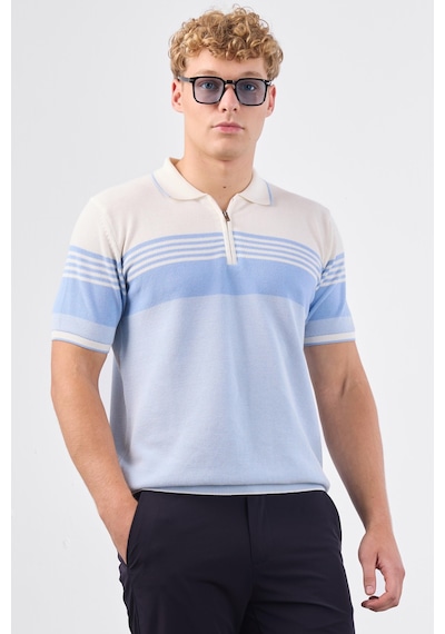 Dufy Mavi Çizgili Yatay Desen Erkek Triko - Slim Fit Mavi