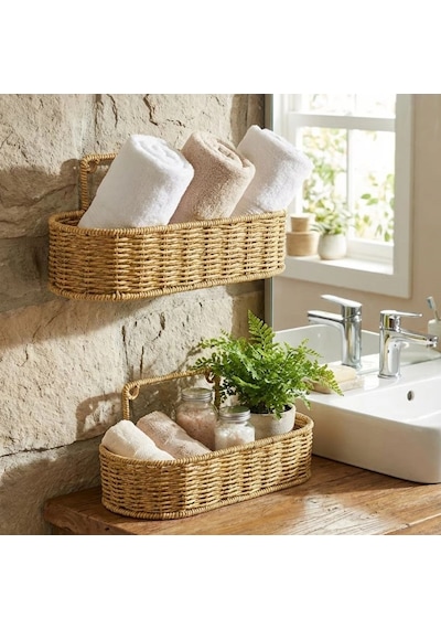 2 Li Duvar Askılı Plastik Rattan Organizer Oval Hasır Görünümlü Mutfak Raf Sepeti, Banyo Ve Ev İçi Düzen Renkli