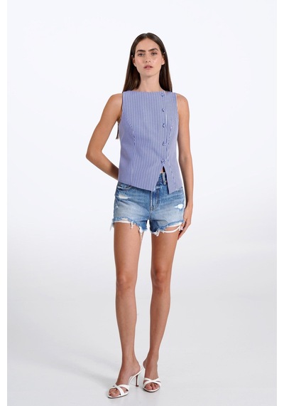 Thalure Kadın Lacivert Pötikare Kruvaze Slim Fit Yelek