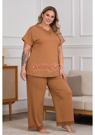 Lady Kahverengi Renk B-630 Pamuklu Ve Dantel Detaylı, Büyük Beden Anne Pijama Takımı
