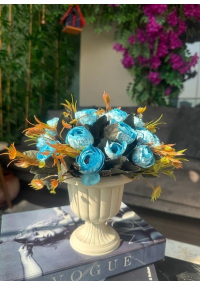 Yapay Çiçek Krem Antik Saksıda Mavi Erengül 23cm