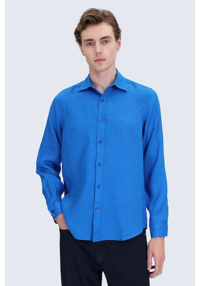 Hatemoğlu Mavi Comfort Fit Düğmeli Yaka %100 Keten Uzun Kollu Casual Gömlek