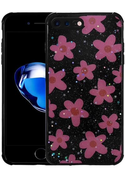 Zore Apple Uyumlu iPhone 7 Plus Kılıf Simli Desenli Kamera Korumalı Parlak Popy Kapak - Çiçek Çiçek
