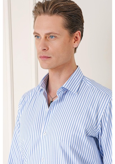 Efor Slim Fit Dikine Çizgili %100 Pamuk Klasik Mavi Beyaz Gömlek Gk 721 Mavi - Beyaz
