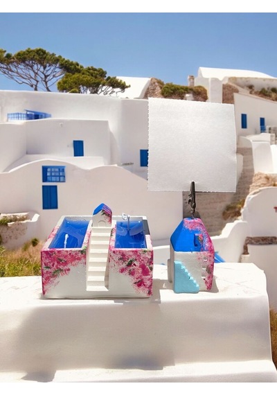 Santorini - Mikanos - Alaçatı Konseptli Ev Mum / Ev Not Fotoğraf Tutuculu Hediyelik Ofis Seti Mavi
