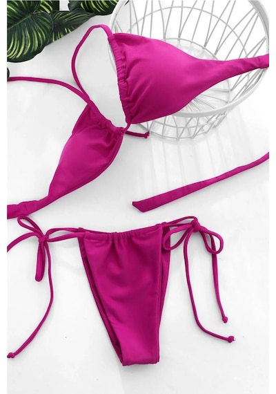 Kadın Fuşya Üçgen Bikini Takımı Yandan Bağlamalı Tangalı Canlı Renk Şık Mayo Seti