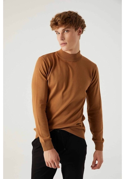 D's Damat Regular Fit Camel Pamuk Karışımlı Yarım Balıkçı Triko Kazak Camel