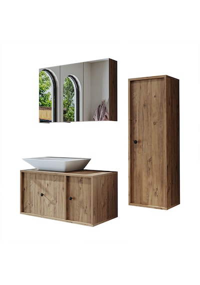 Lavabolu Mat Mdf 90 Cm Çekmeceli Banyo Dolabı + Aynalı Üst Dolabı Atlantik Çam
