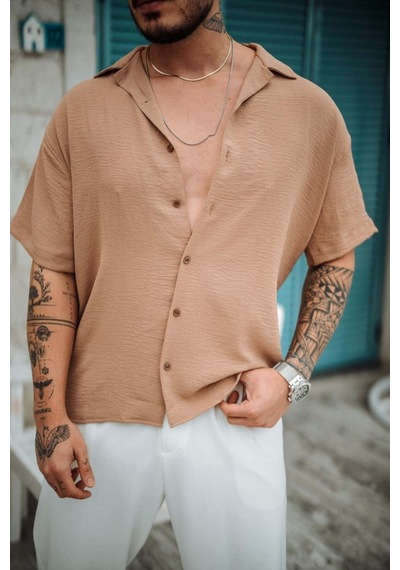 Tarz Cool Erkek Krep Kumaş Oversize Gömlek Krem