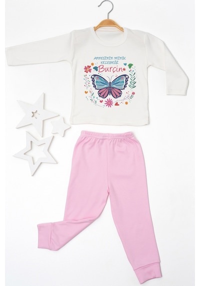 Pia Baby İsimli Kız Çocuk Pijama Takımı %100 Pamuk Penye İsme Özel Baskılı Kişiselleştirilebilir Pijama Seti 20413p14pi Krem