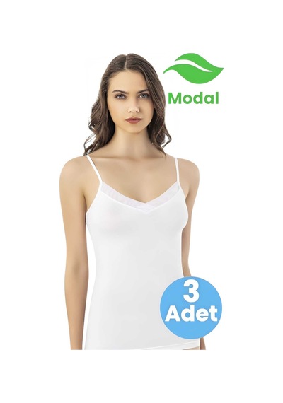 Tezzgelsin Kadın 3'lü İp Askılı Tül Yaka Detaylı Modal Atlet Beyaz