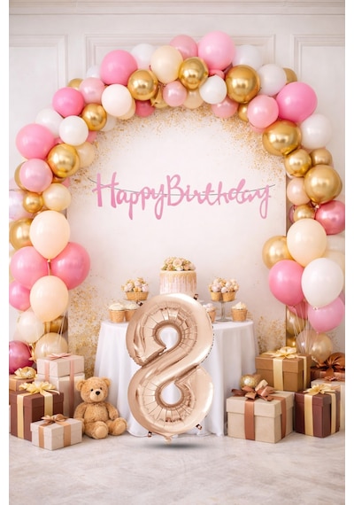 8 Yaş Pompa Hediyeli Doğum Günü Seti Banner Gold Pembe Kum Beji Beyaz Balonlar Rose Gold Rakam Çok Renkli