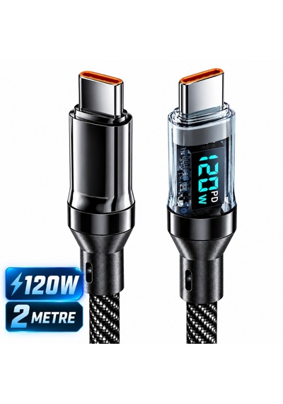 Alfais 6058 Usb Type C Hızlı Telefon Data Şarj Kablosu Led Ekranlı Dijital 120w Veri Kablosu 2 Metre