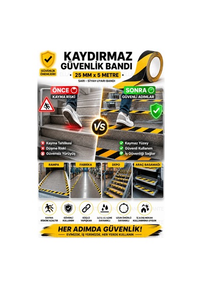 Kaydırmaz Güvenlik Bandı 25 Mm X 5 Metre Sarı Siyah Güçlü Yapışkanlı Merdiven Rampa Zemin Kaydırmaz