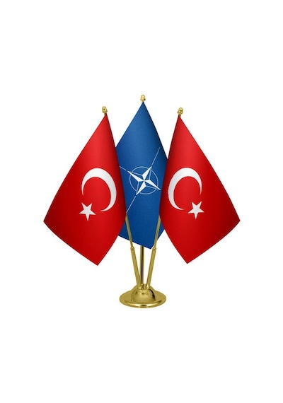Masa Üstü Nato Bayrağı Türk Bayrağı Üçlü Pirinç Direk Masa Bayrak
