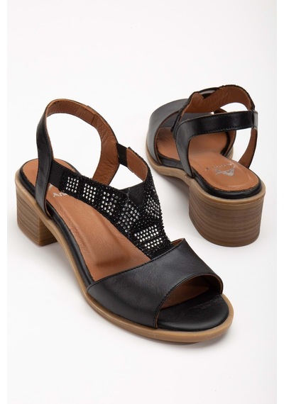 Analin Shoes Kadın Hakiki Deri Lastikli Rahat Taşlı Sandalet Kot Mavi Siyah