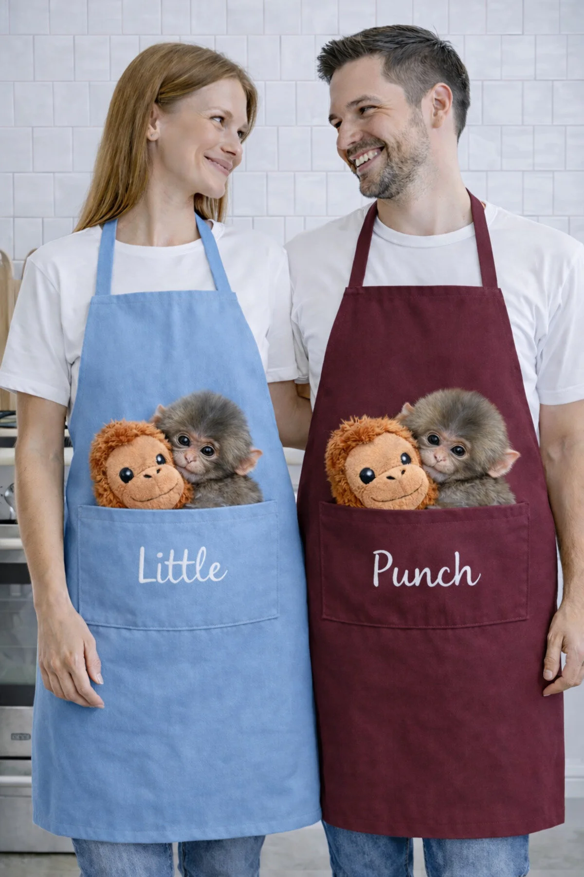 Ays Home Punch Maymun Ve Orangutan Baskılı Mutfak Önlüğü Seti Bordo