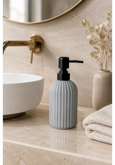 Vovy Çizgili Cam Sabunluk 500 Ml Siyah Pompalı Modern Sıvı Sabun Ve Deterjan Dispenseri - 18,5 Cm X 7 Cm Açık Gri