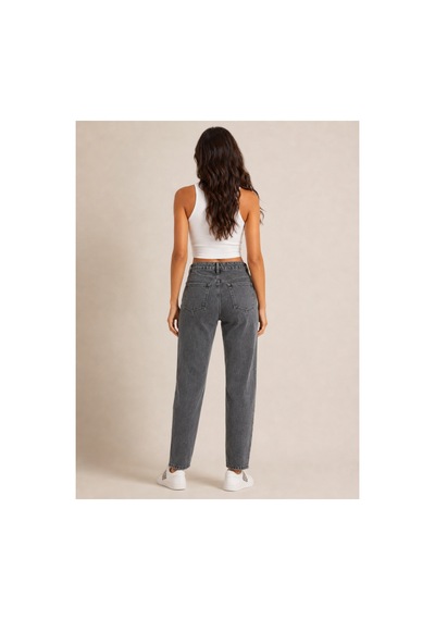 Kene Jeans Yüksek Bel Diz Lazer Yırtık Kar Siyah Mom Jeans Pantolon Kar Siyah