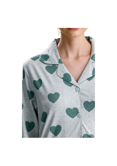 Yeni İnci Kalp Desen Pamuk Kadın Pijama Takım Yeşil