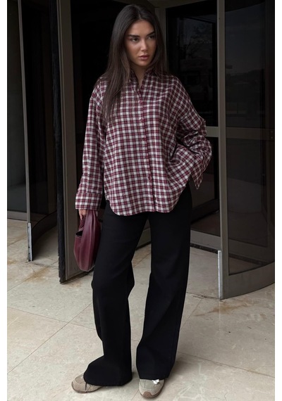 Madmext Kırmızı Oversize Kareli Kadın Gömlek Mg2822
