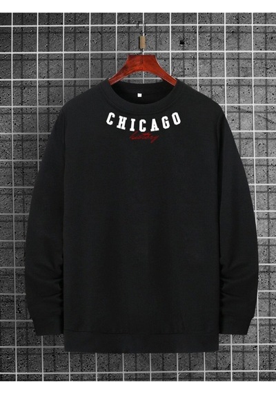 Erkek Yaka Chıcago Baskılı Oversize Sweatshirt Siyah Kırmızı