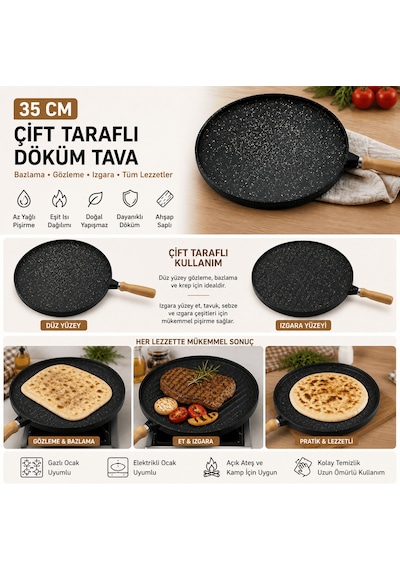35 Cm Döküm Gözleme Tavası Çift Taraflı Bazlama Izgara Tavası Ahşap Saplı Yapışmaz Siyah