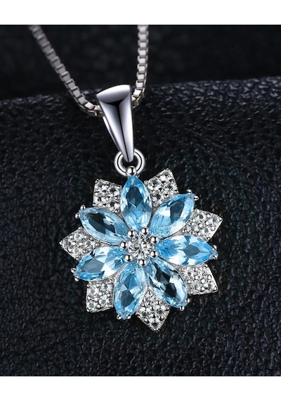 Brezza Lusso Jewelry  Aquamarin Taşlı Pırlanta Model Lotus Çiçeği Kadın Gümüş Kolye 45 CM 45 CM