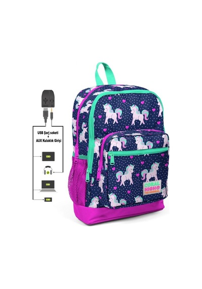 Coral High Kız Çocuk Unicorn Desenli İlkokul Çanta Seti - Usb Ve