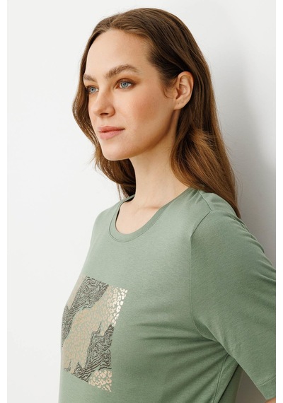 Desen Triko Kadın Sıfır Yaka Önü Taş Baskılı Penye T-shirt 25834 Haki Haki