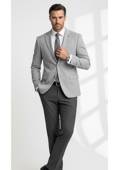 Plus Scorpion Slim Fit Pike Dokuma Erkek Blazer Ceket Modern Şık Günlük Kombin Gri