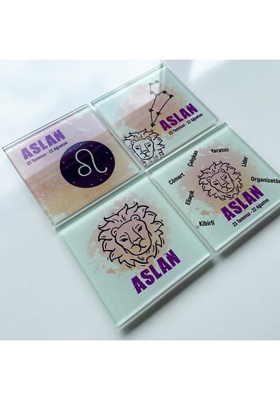 Decorita Cam Bardak Altlığı Burçlar - Aslan Burcu 4'lü Takım Çok Renkli