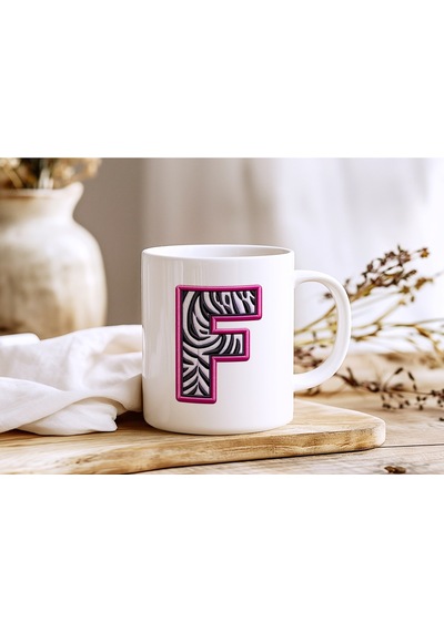 F Harfi Zebra Deseni Ve Pembe Kenarlı Kupa Bardak - Kişiye Özel Nakış Efektli - Siyah Beyaz Pembe Beyaz