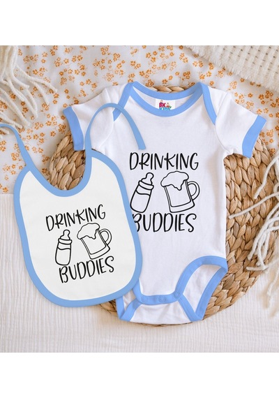 Bk Kids Drinking Buddies Tasarımlı Mavi Bebek Body Zıbın Ve Mama Çok Renkli