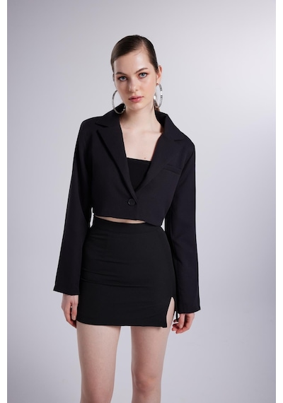 Holly Lolly Vatkalı Atlas Kumaş Crop Model Panky Ceket Siyah
