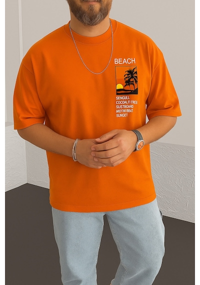 Beach Baskılı Oversize Unisex Tişört Turuncu
