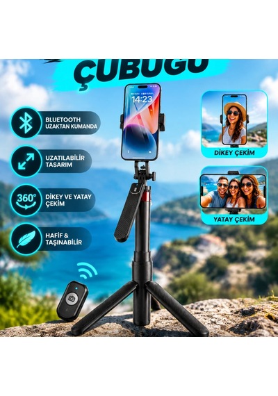 Uzatılabilir Tripodlu Selfie Çubuğu Uzaktan Kumandalı Dikey Ve Yatay Çekim