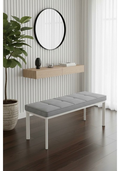 Vena 105x40 Bench - Babyface Kumaş Çımalı Döşeme Puf Bench Beyaz Ayaklı Gri