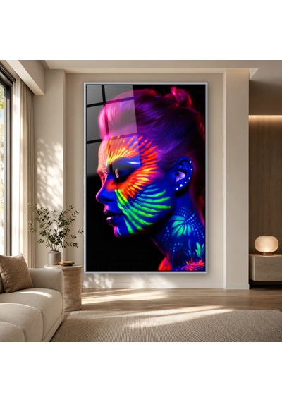 Neon Boyalı Kadın Profili Gümüş Çerçeveli Cam Tablo