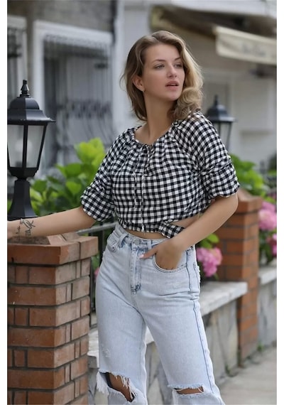 Lodmela Bağlama Detaylı Crop Bluz 1736siyah
