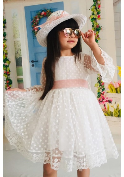 Mnk Baby & Kids Krem Şapkalı Dantelli Kız Çocuk Elbise 001