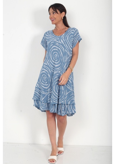 By Saygı Kadın İtalyan Cotton Spiral Desenli Astarlı Kısa Elbise İndigo