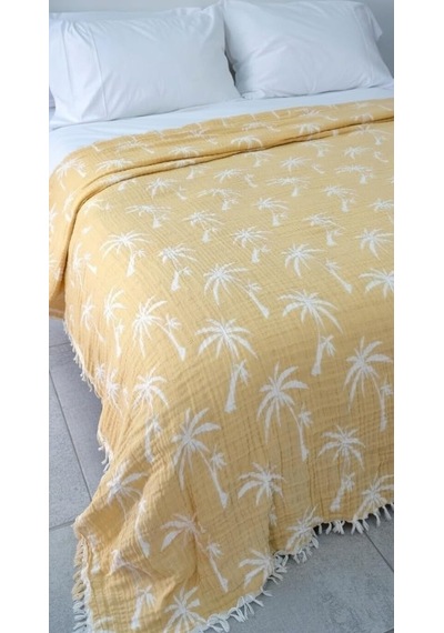 Palmiye Desen 4 Katlı Müslin Pike Yatak Örtüsü Battal Boy 240x260 Cm Hardal Çok Renkli