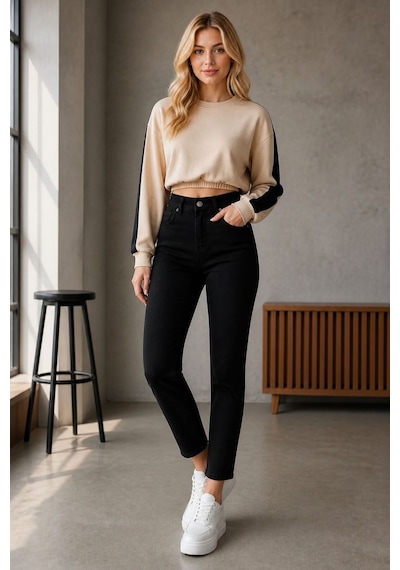 Woddi Ada Kadın Siyah Mom Likralı Jean Kot Pantolon New-1