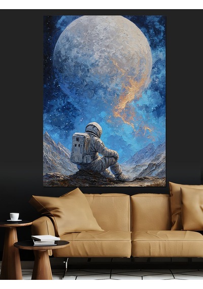 Ahşap Tablo Ayda Oturan Yalnız Astronot